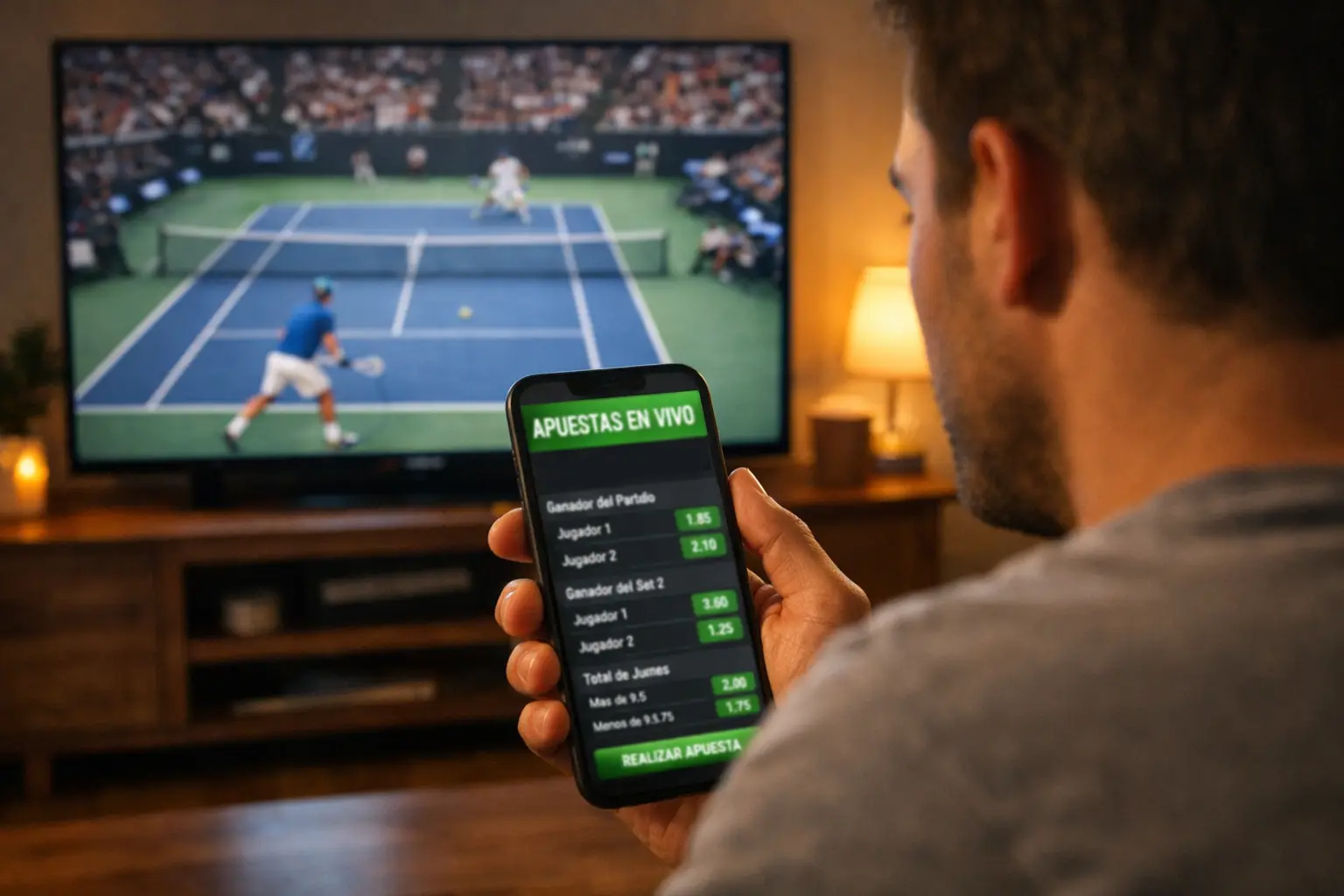 Aficionado viendo partido de tenis en televisión mientras consulta su móvil para apostar