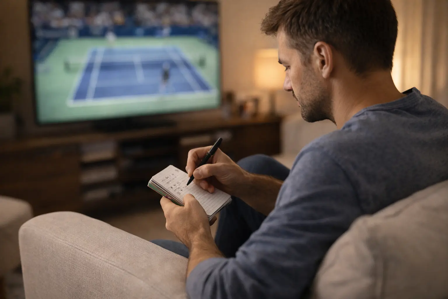 Persona tomando notas en un cuaderno mientras ve tenis