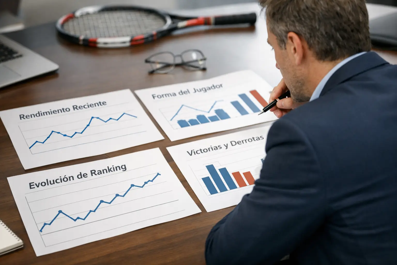 Analista deportivo revisando datos de rendimiento de tenistas profesionales