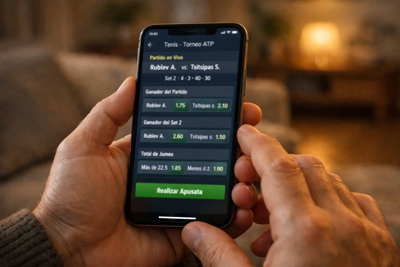 Persona consultando cuotas de tenis en aplicación móvil de apuestas deportivas