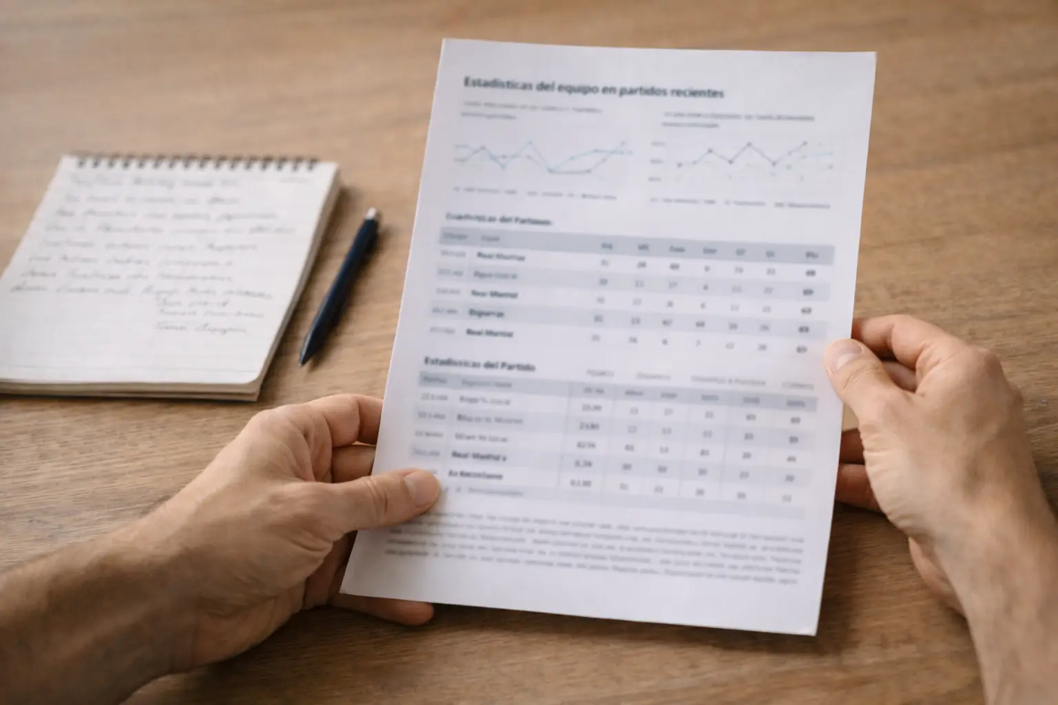 Persona analizando estadísticas de tenis en un documento con anotaciones