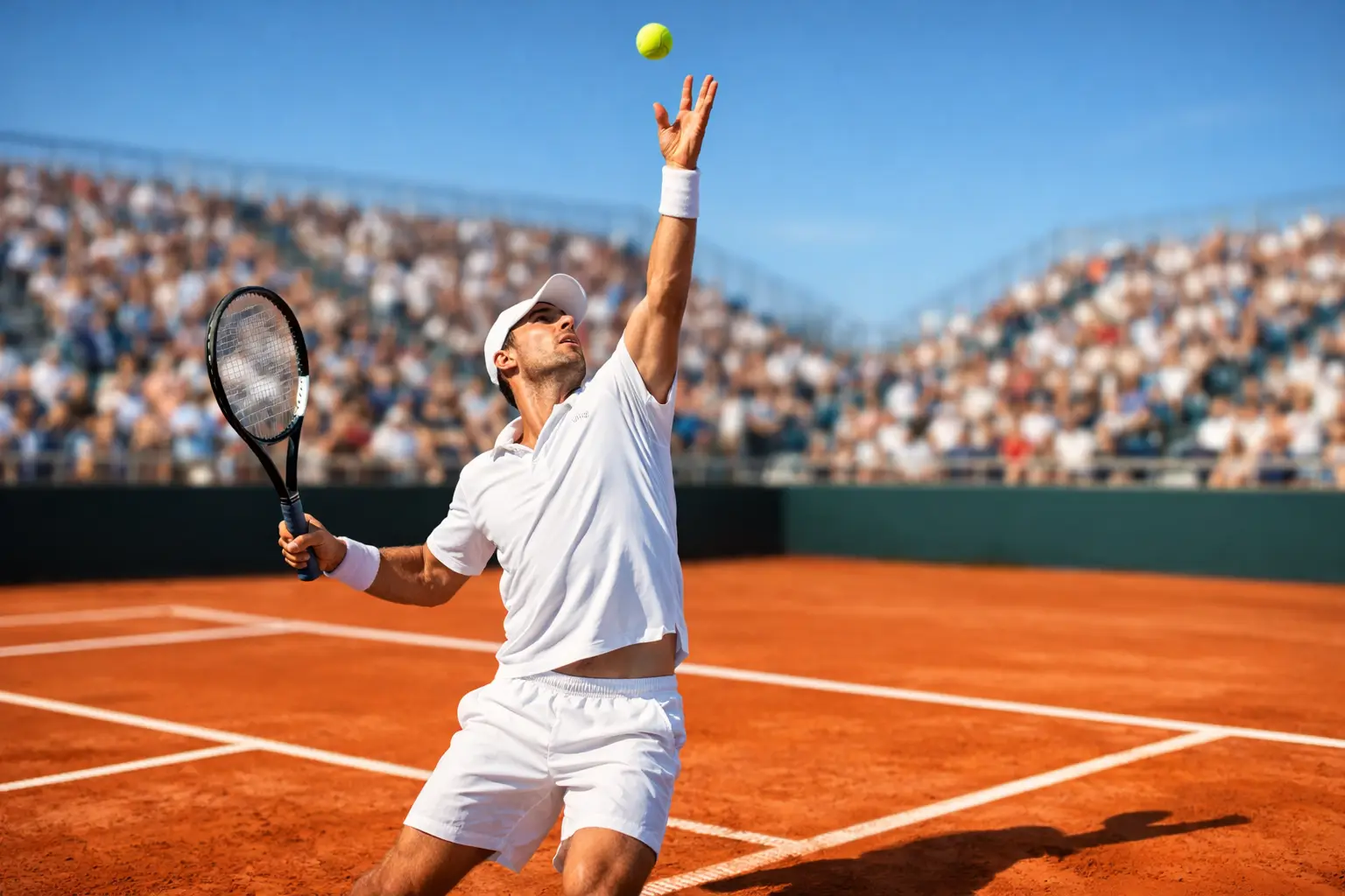 Jugador de tenis profesional preparando un saque en pista de tierra batida durante un torneo