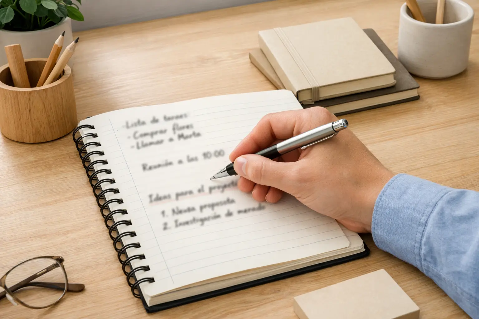 Persona tomando notas sobre estrategia con un bloc y bolígrafo