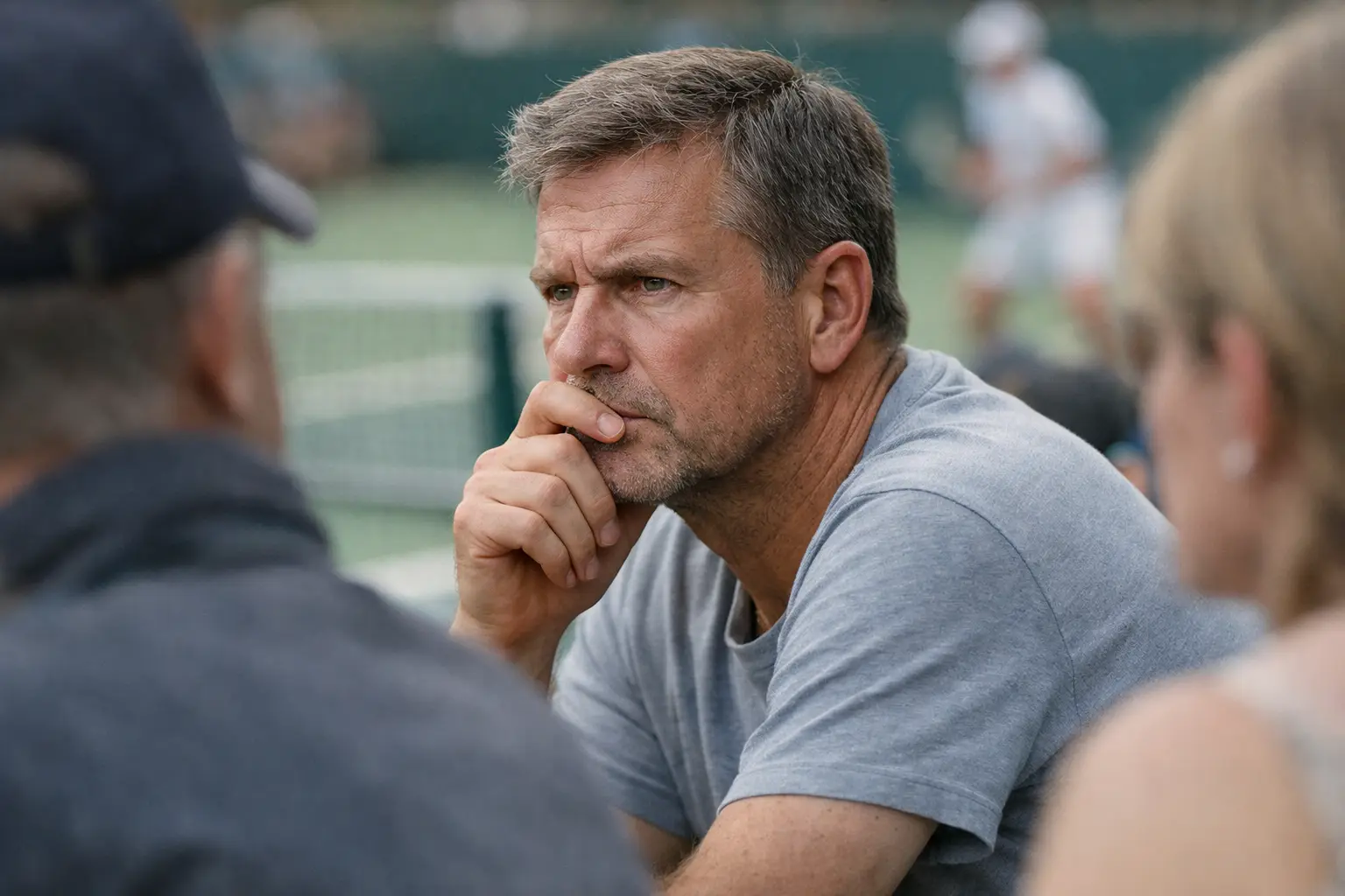 Aficionado concentrado viendo un partido de tenis en las gradas de un estadio