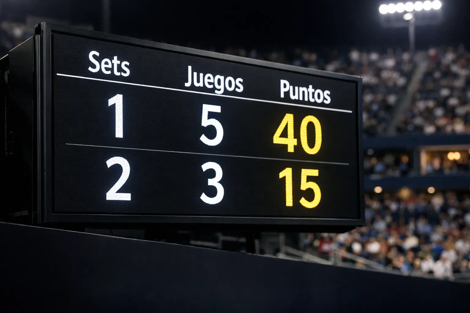 Marcador electrónico mostrando puntuación de partido de tenis profesional