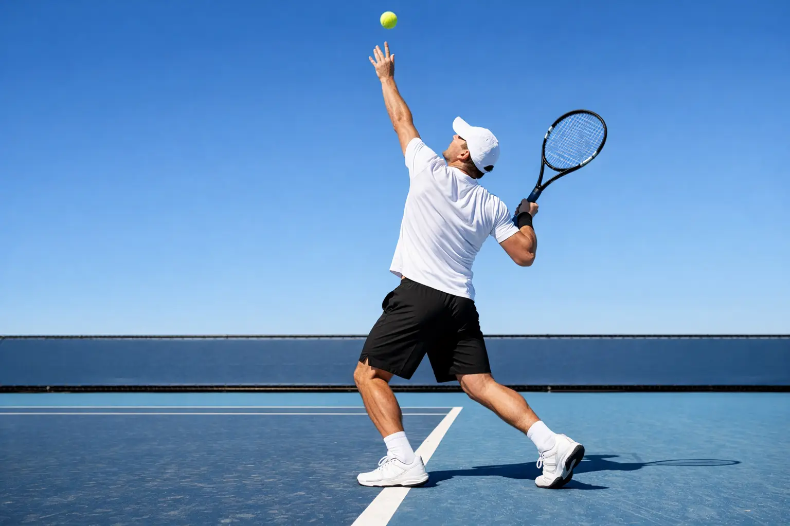 Tenista en el momento del lanzamiento de pelota ejecutando un saque potente