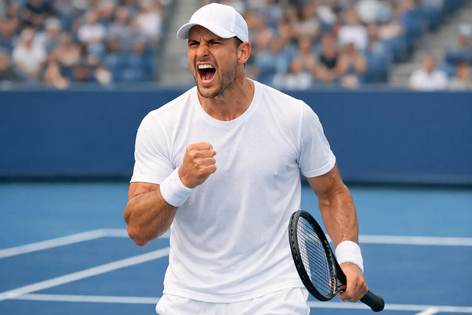 Tenista celebrando con el puño tras ganar un set en competición profesional