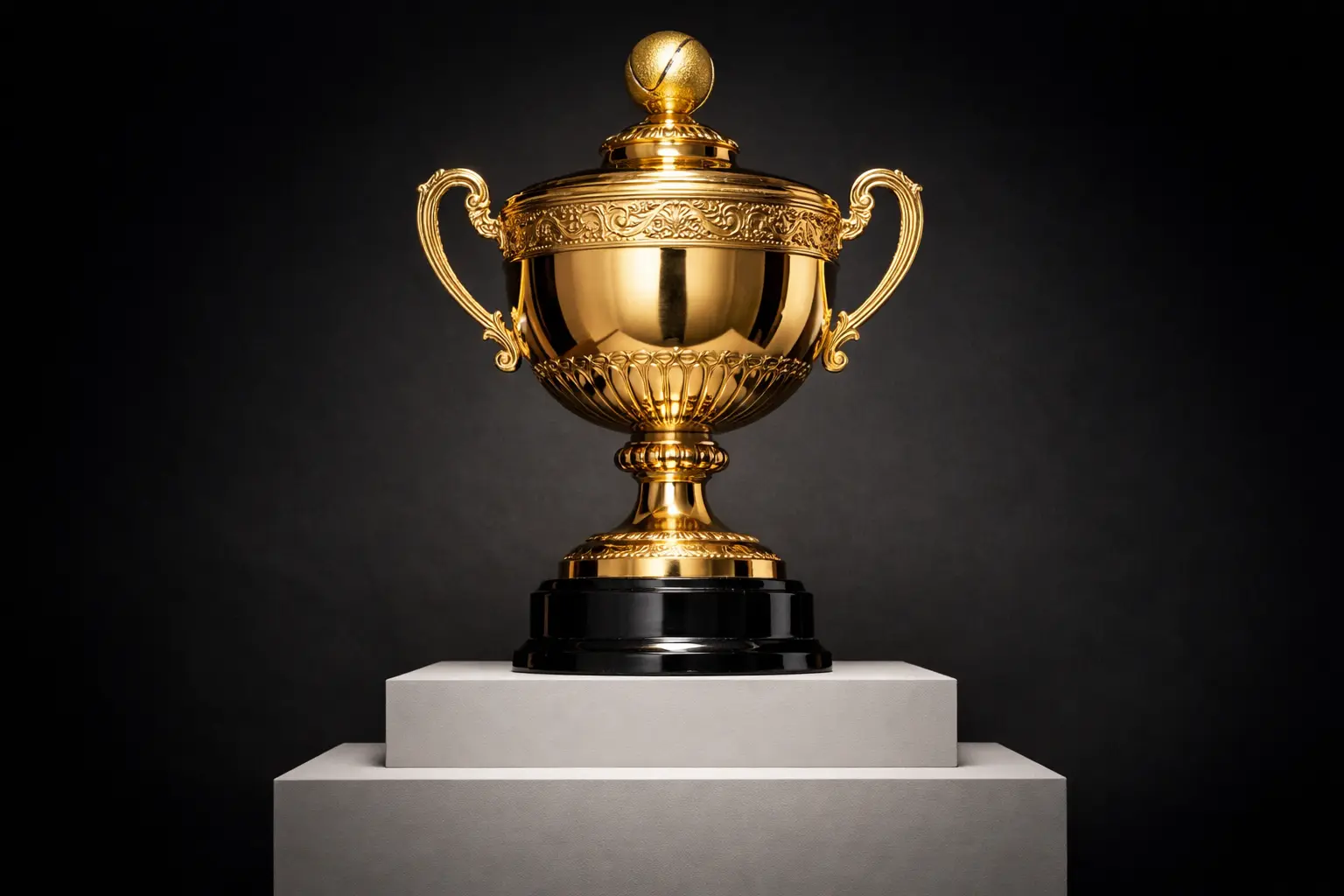 Trofeo dorado de torneo Grand Slam de tenis sobre superficie elegante