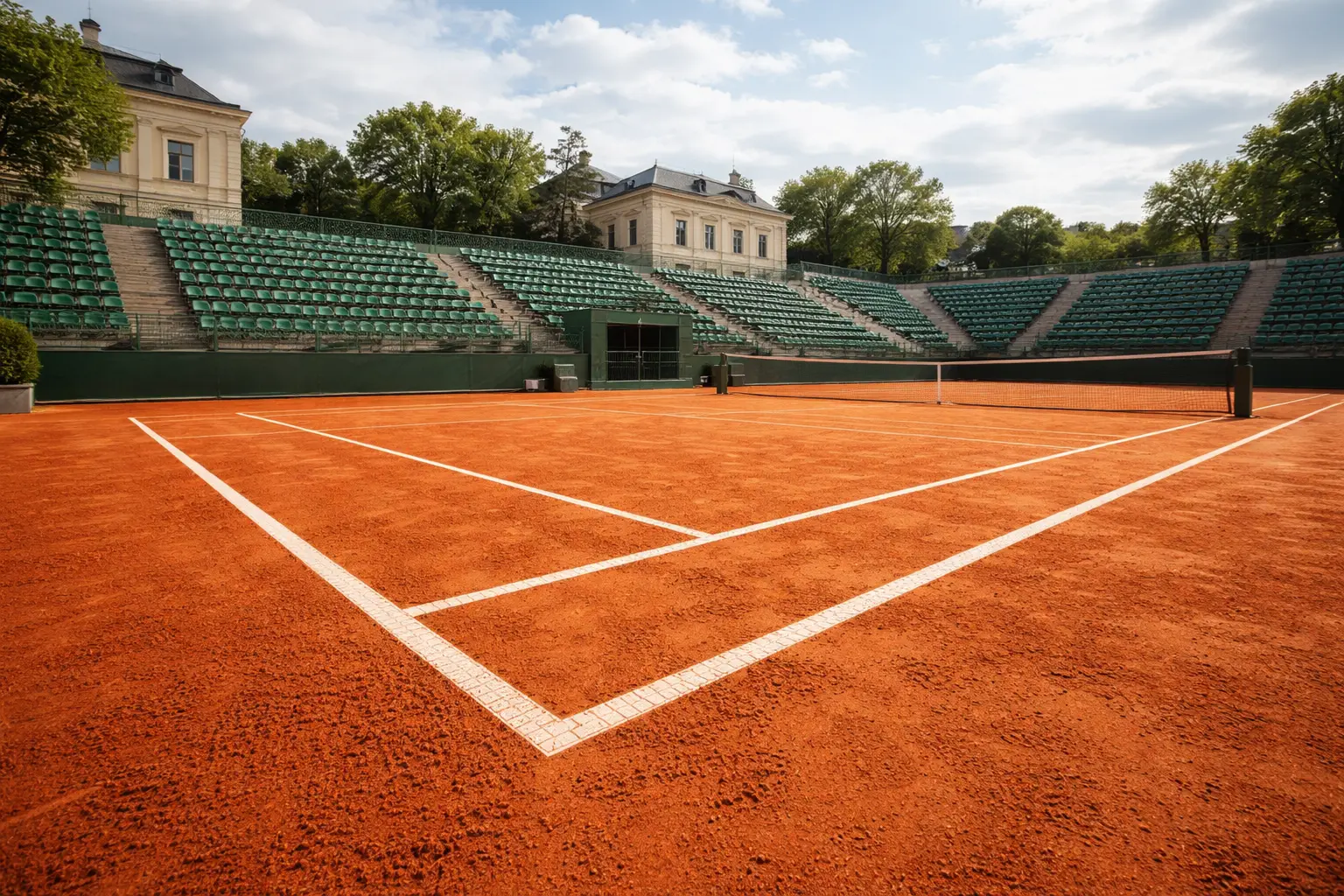 Pista de tierra batida de Roland Garros con líneas blancas marcadas