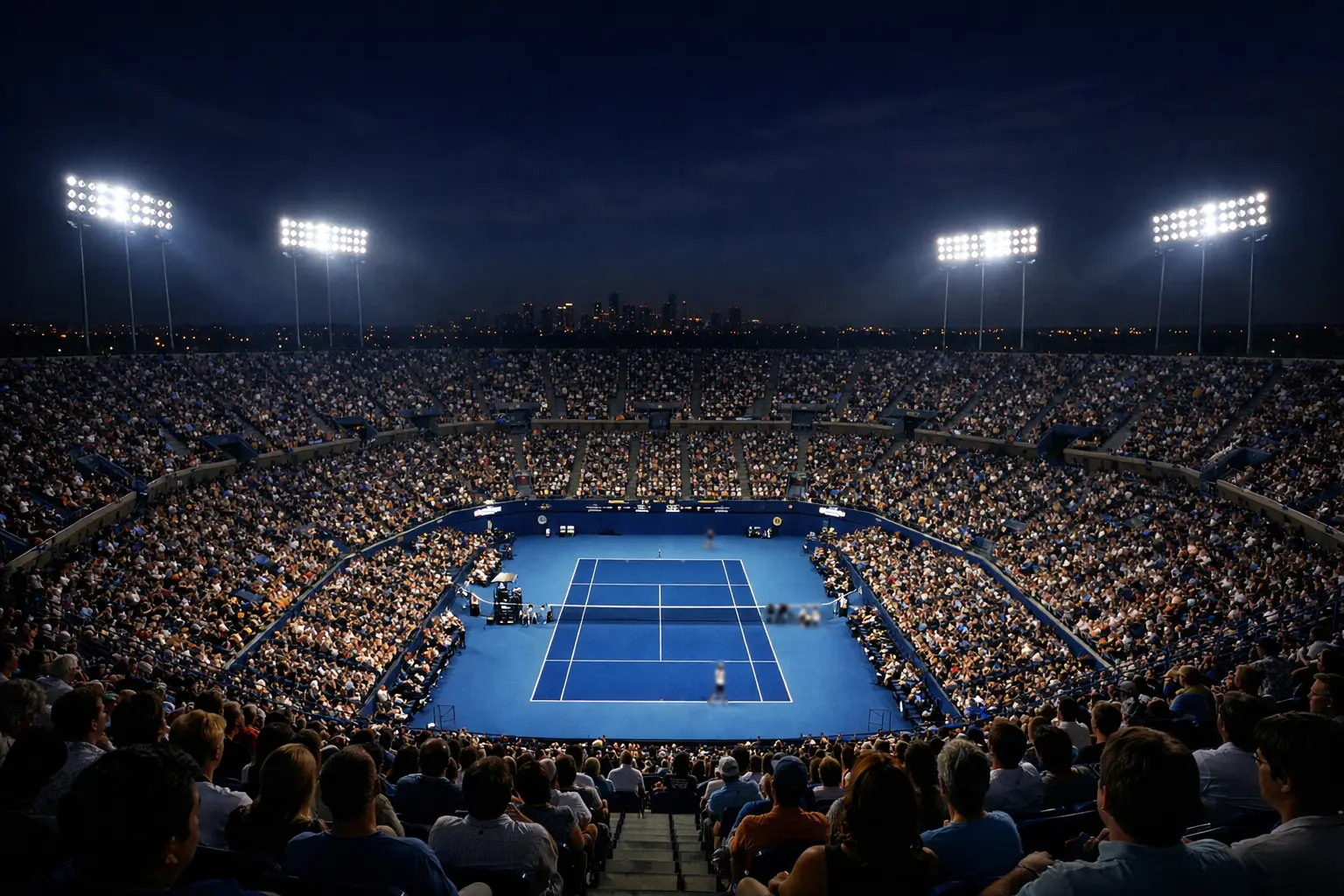 Estadio Arthur Ashe del US Open iluminado durante sesión nocturna