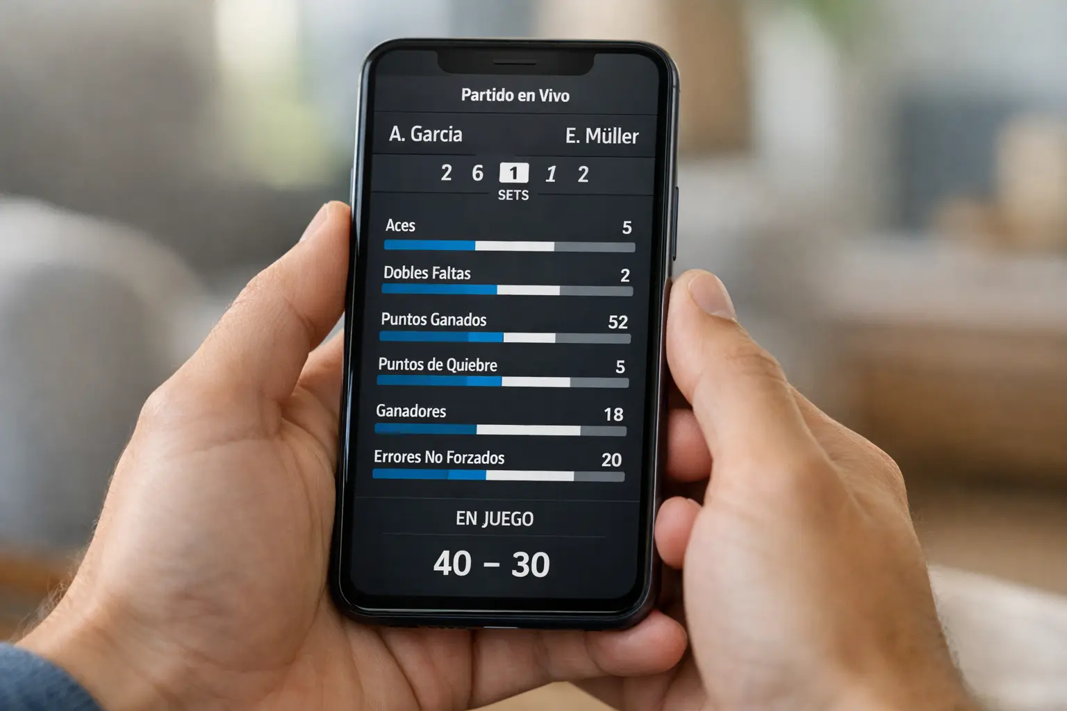 Smartphone mostrando estadísticas de un partido de tenis