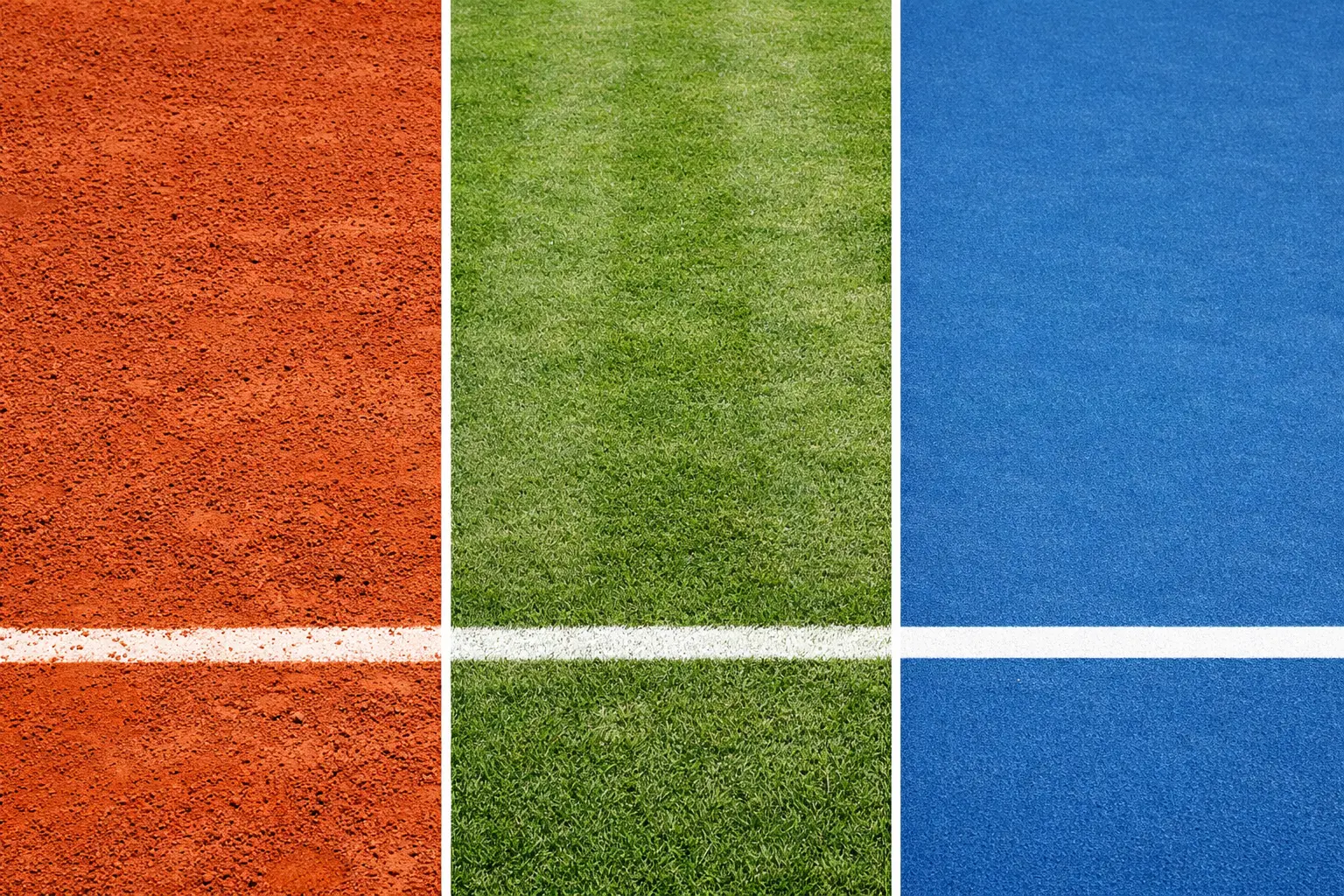 Vista comparativa de las tres superficies de tenis: tierra batida, hierba y pista dura