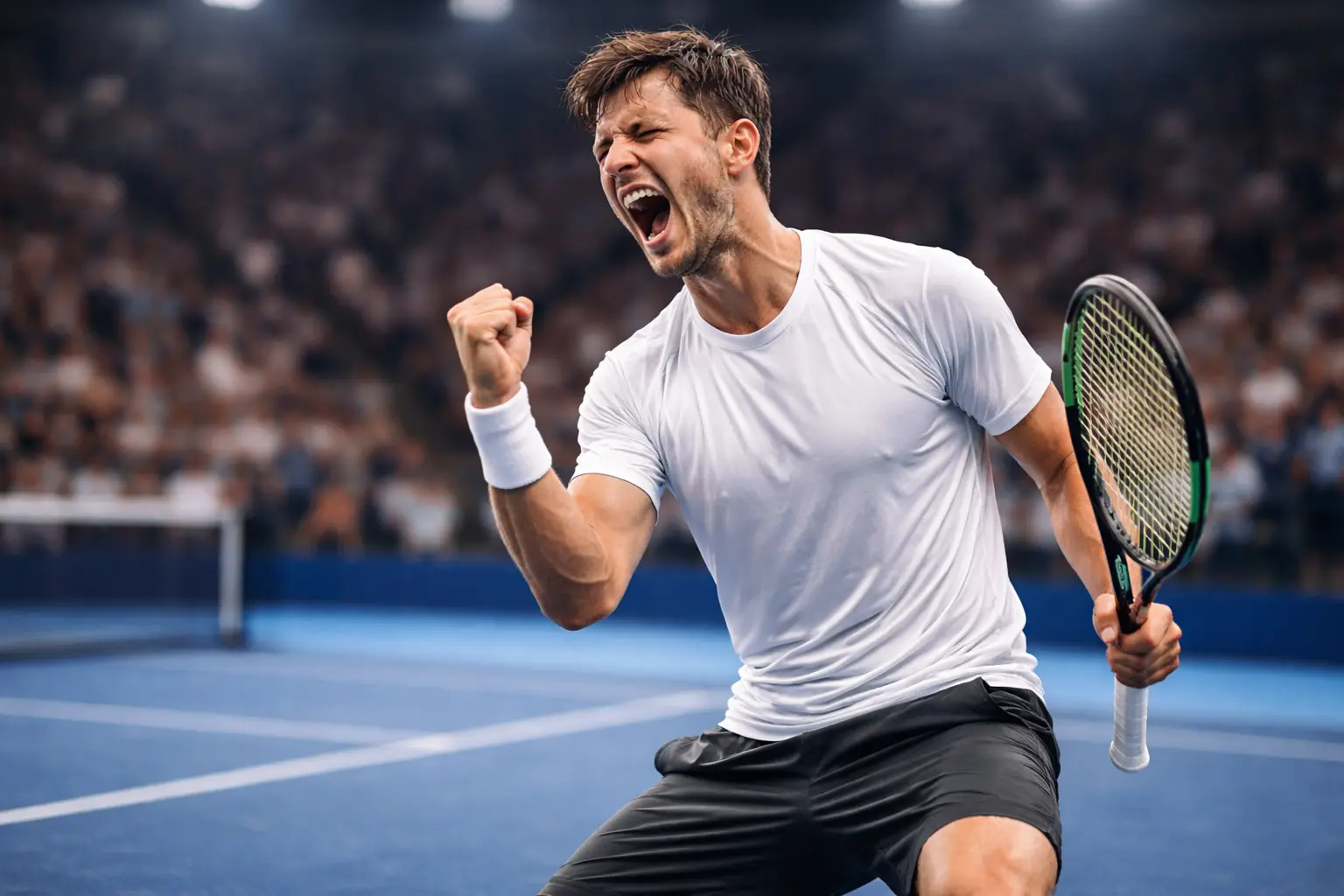 Tenista celebrando un punto importante con el puño cerrado