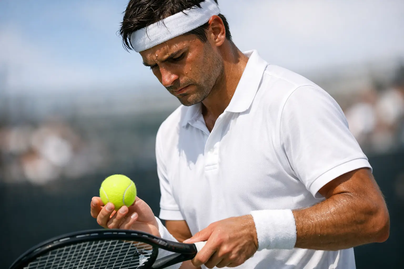 Tenista concentrado preparando el servicio en un punto decisivo