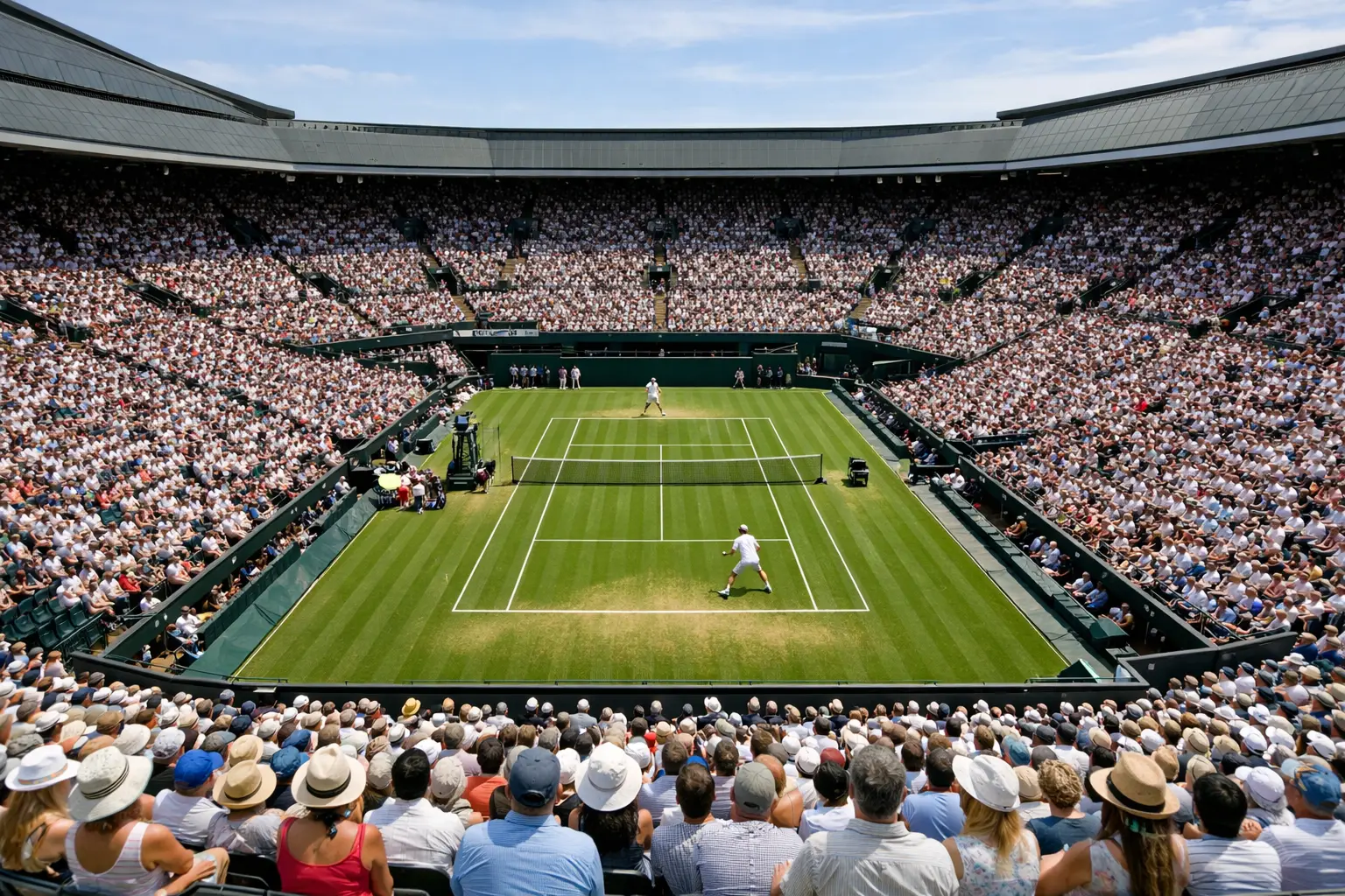 Estadio de tenis lleno de espectadores durante un partido de Grand Slam