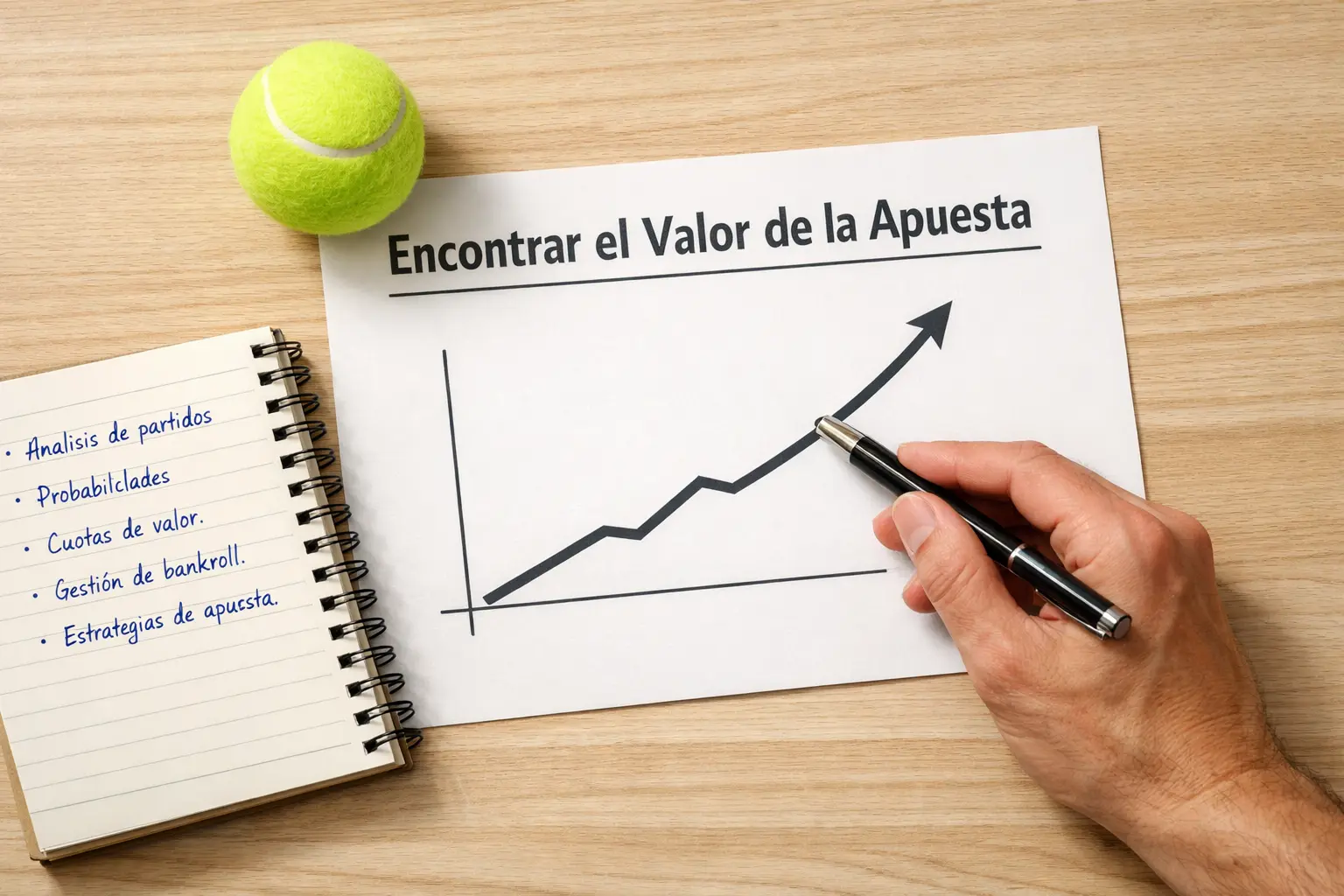 Mano señalando un gráfico de líneas ascendente en papel sobre escritorio